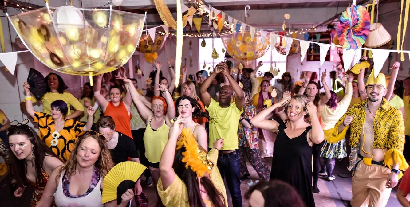 A group of people dancing at a Morning Gloryville early morning rave