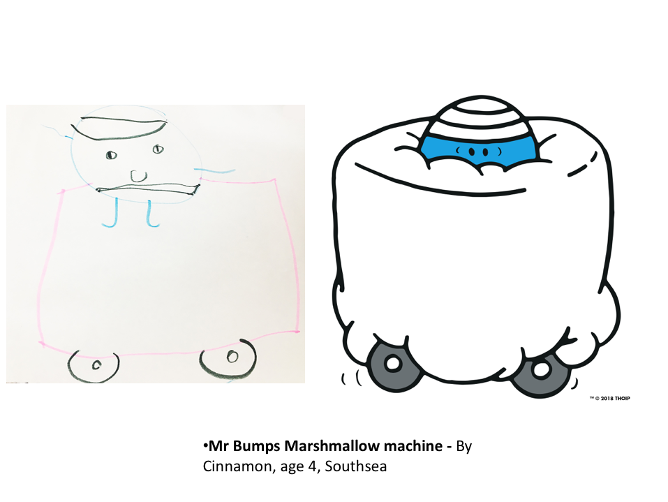 A child's drawing of a protective suit for Mr Bump, and an artist's rendering of the same design