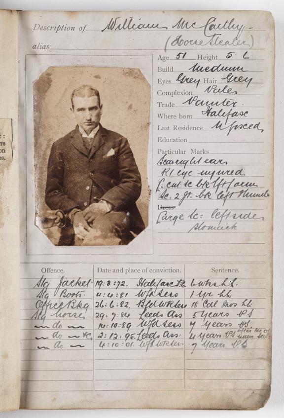 An old photo of a man stuck to a sheet with handwriting on it 