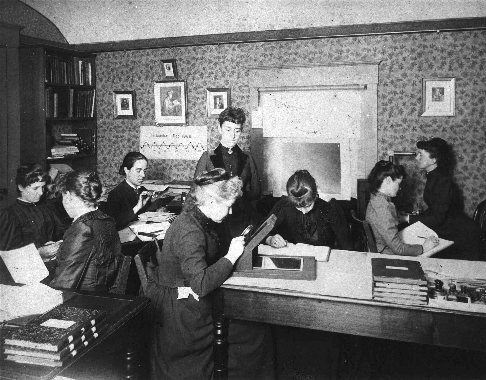Old photo of women reading documents using magnifying glasses