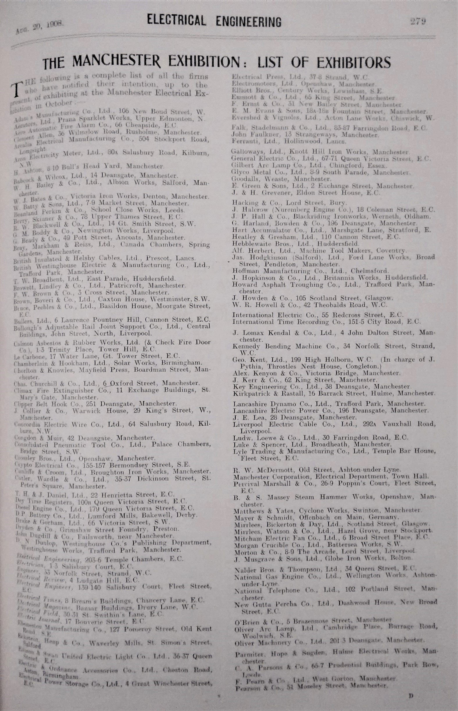 List of exhibitors and plan of stands at the Manchester Electrical Exhibition printed in Electrical Engineering