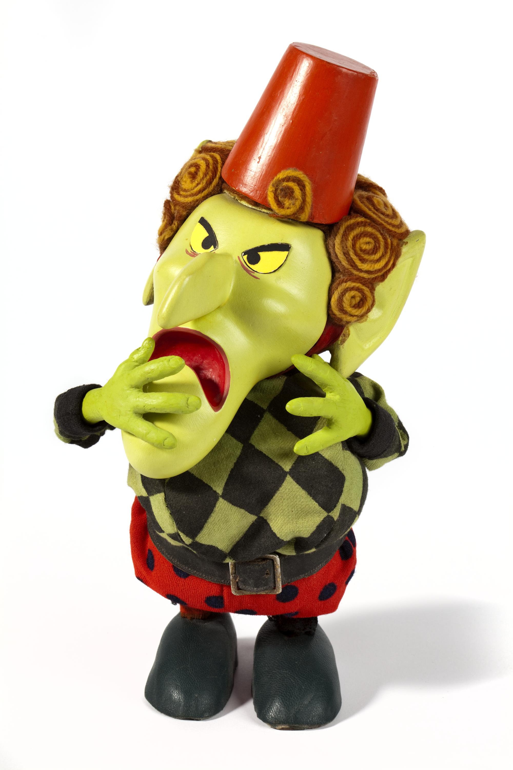 Full Fenella puppet from Chorlton and the Wheelies, three quarter view on a white background. 