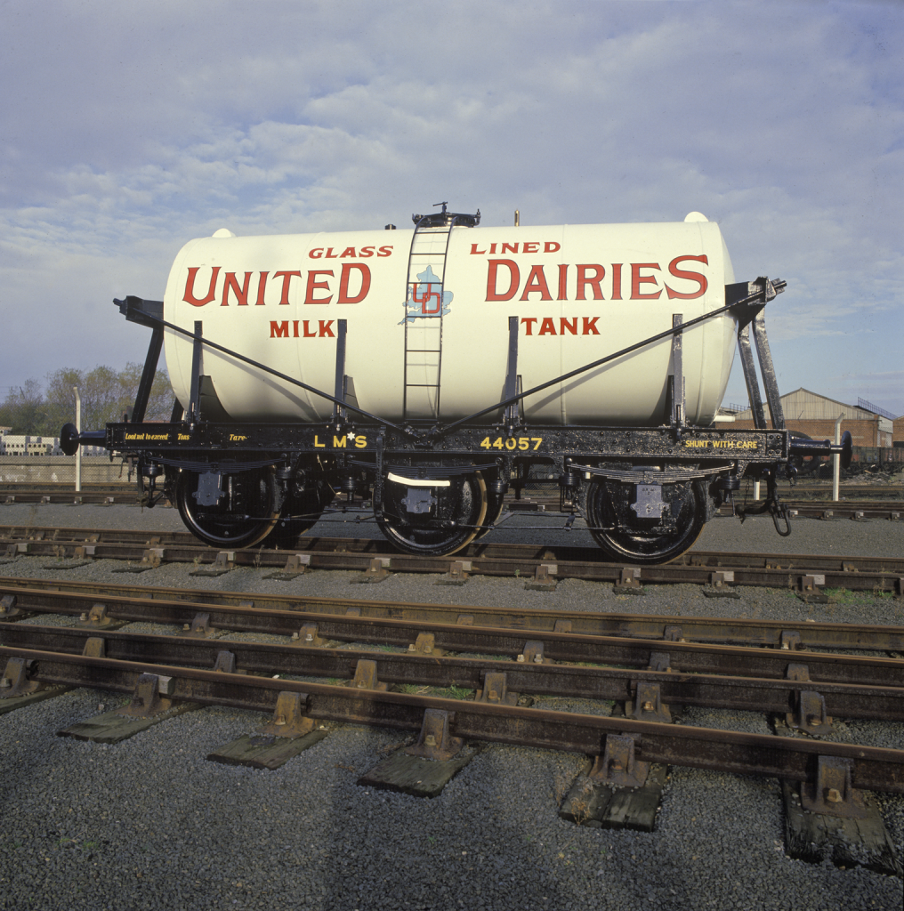 Tank wagon, No ADW44057, six wheeled United Dairies milk wagon with glass-lined tank, London Midland & Scottish Railway, built Derby 1937. Length over buffers: 23' 11"; width 8' 7"; height 12' 9".