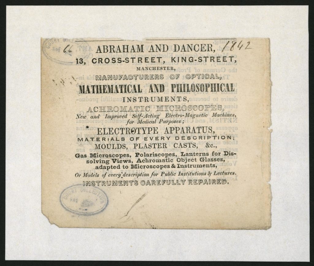 Trade card: advertisement for Abraham & Dancer shop at 13 Cross Street, Manchester.