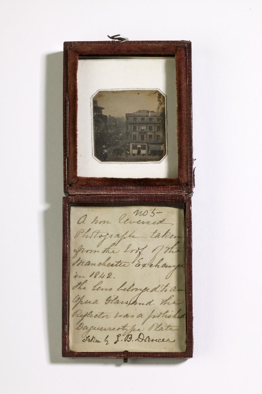 Cased experimental daguerreotype of Market Street, Manchester, taken from the roof of the Exchange by John Benjamin Dancer, 1842.