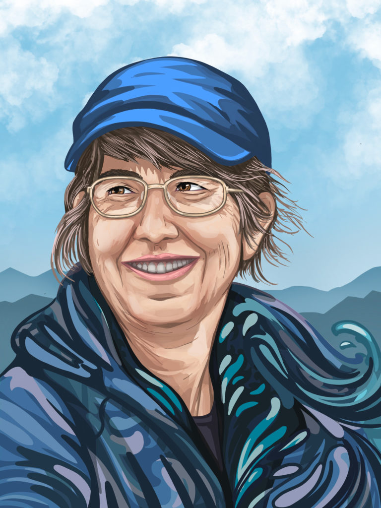 Painting of female scientist incorporating her research into the design