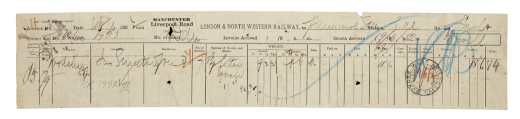 Invoice for cotton yarn shipped through Liverpool Road Station in 1882.