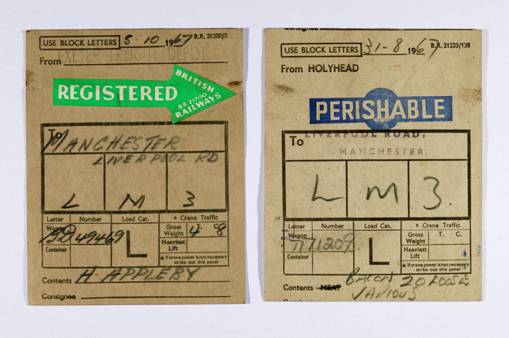 Freight labels from goods wagons that arrived at Liverpool Road Station in the 1960s.