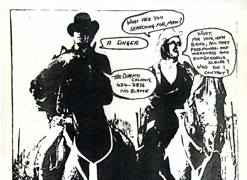 Flyer advertising for a singer for Durutti Column by Tony Wilson, courtesy of the Anthony H Wilson estate