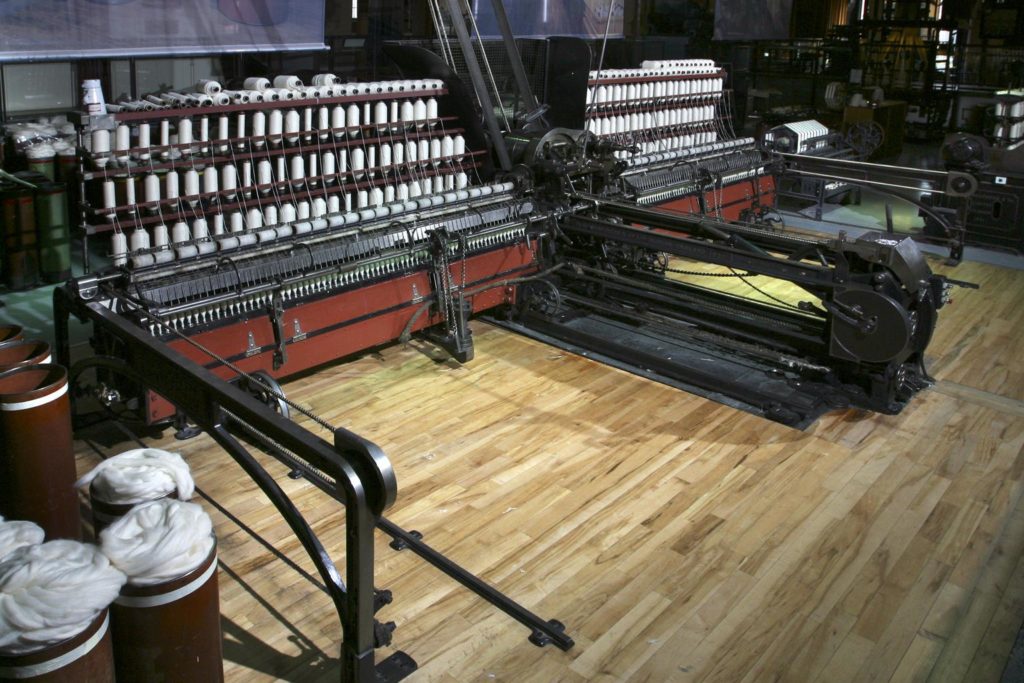 Spinning mule, made by Platt Brothers & Co. Ltd, Oldham, 1927. Photographed on display in the Textiles gallery. Credit: Science Museum Group Collection