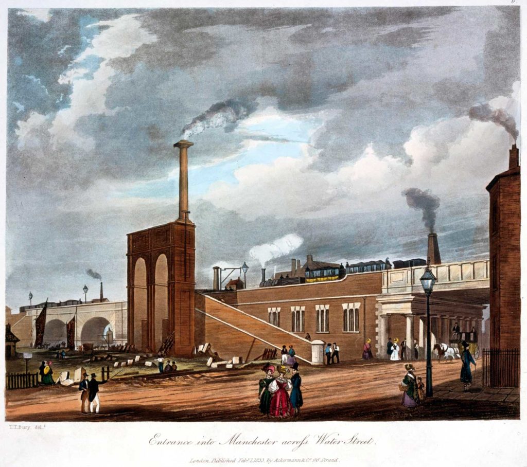 'Entrance into Manchester across Water Street' Print, Aquatint