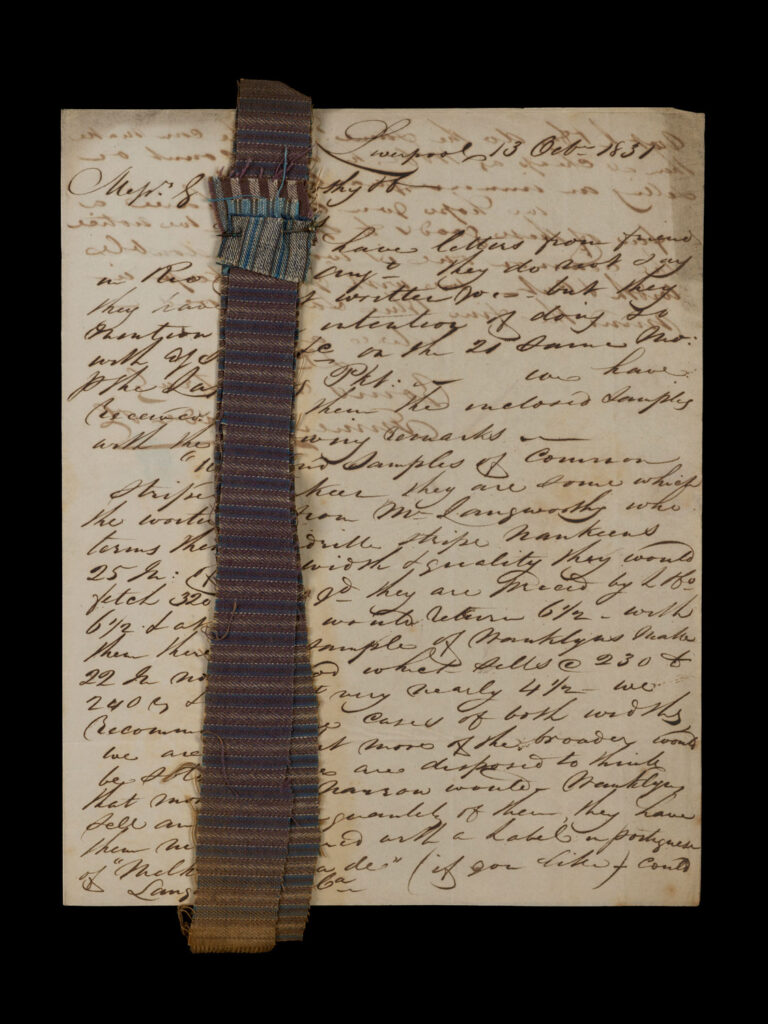 A handwritten letter from the 1830s with a textile sample attached.