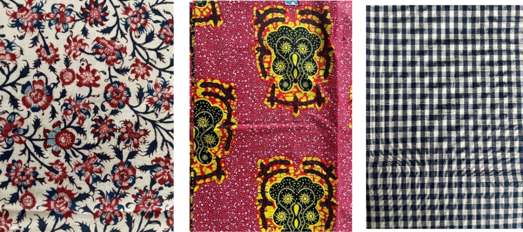 Chintz, African wax and checked cloth fabrics explored during introductory workshops.