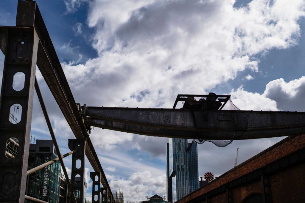 Low angle view of Victorian industrial machinery outside a warehouse