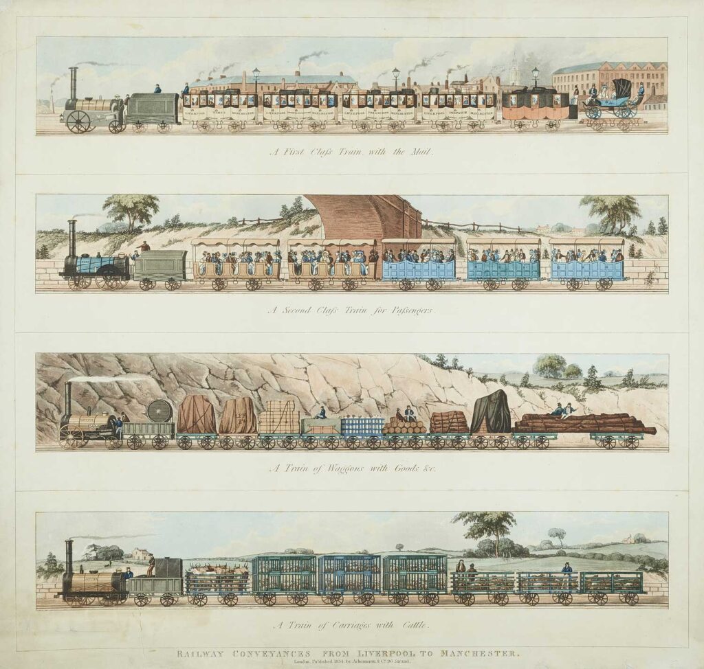 An illustration of different types of rail conveyances from 1834