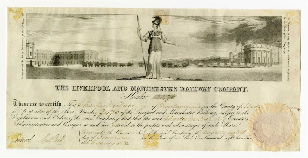 A share certificate for the Liverpool and Manchester Railway from 1826
